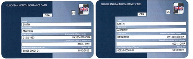 Vzor britského EHIC s označením CRA Vzor britského EHIC s označením CRA